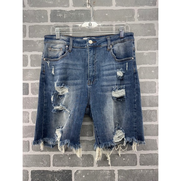 Risen Jeans Pants - Risen Jeans Womens 1XL Distressed High Rise Bermuda Denim Shorts Medium Wash